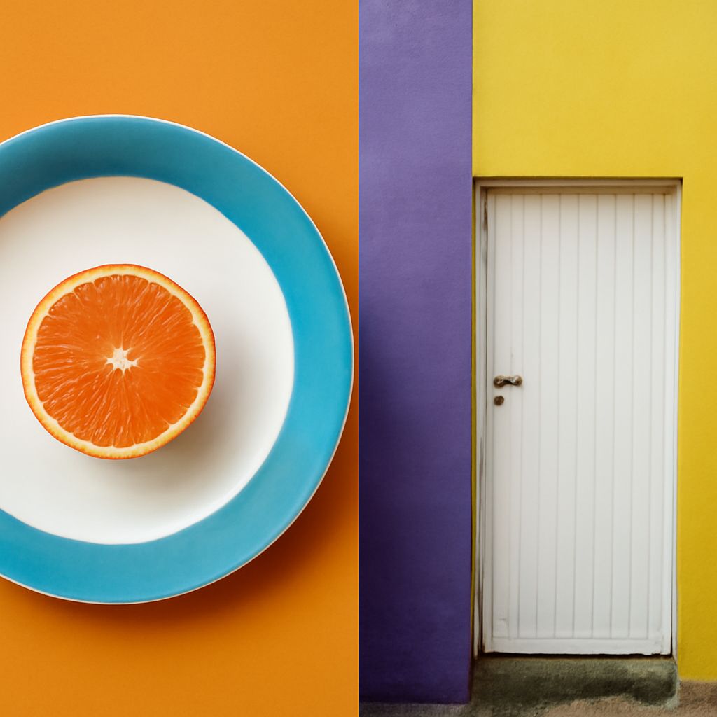 Blue and yellow complementary color balance with orange and violet accents