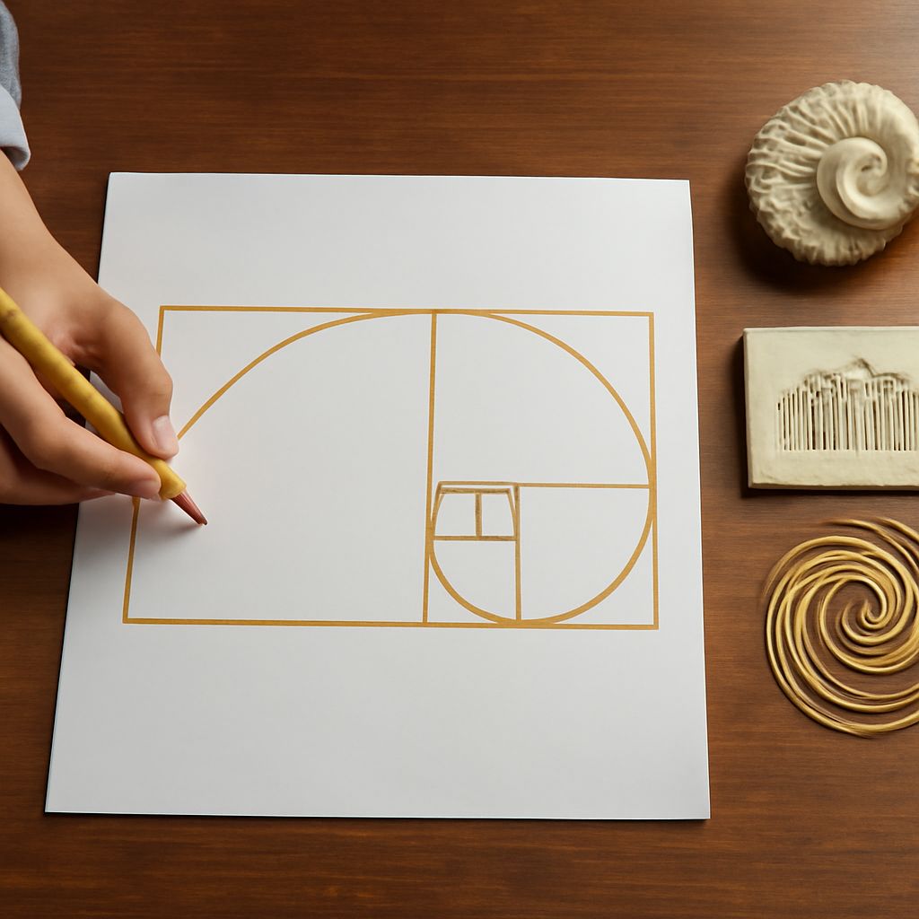 Diagram showing line qualities, a value scale, and a golden ratio spiral in an art composition.
