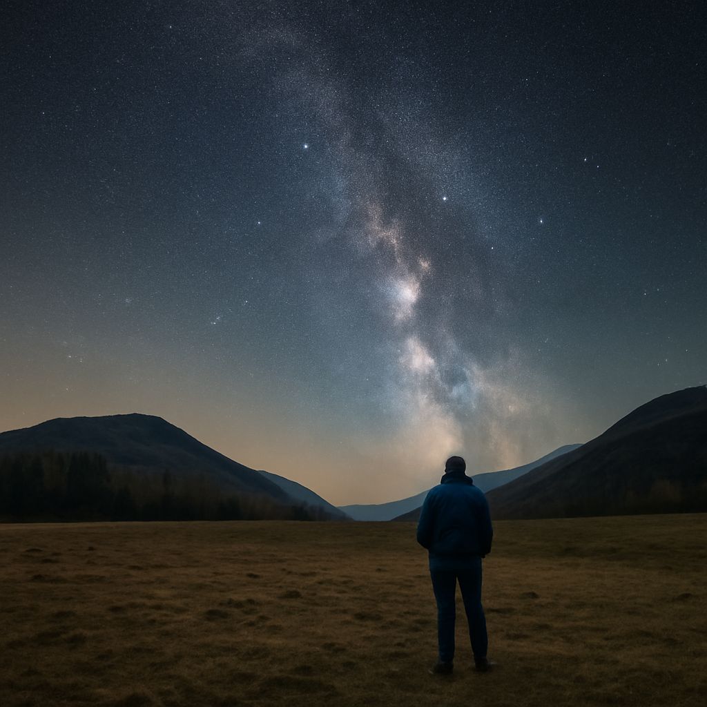 DSLR camera aimed at the Milky Way above a dark foreground
