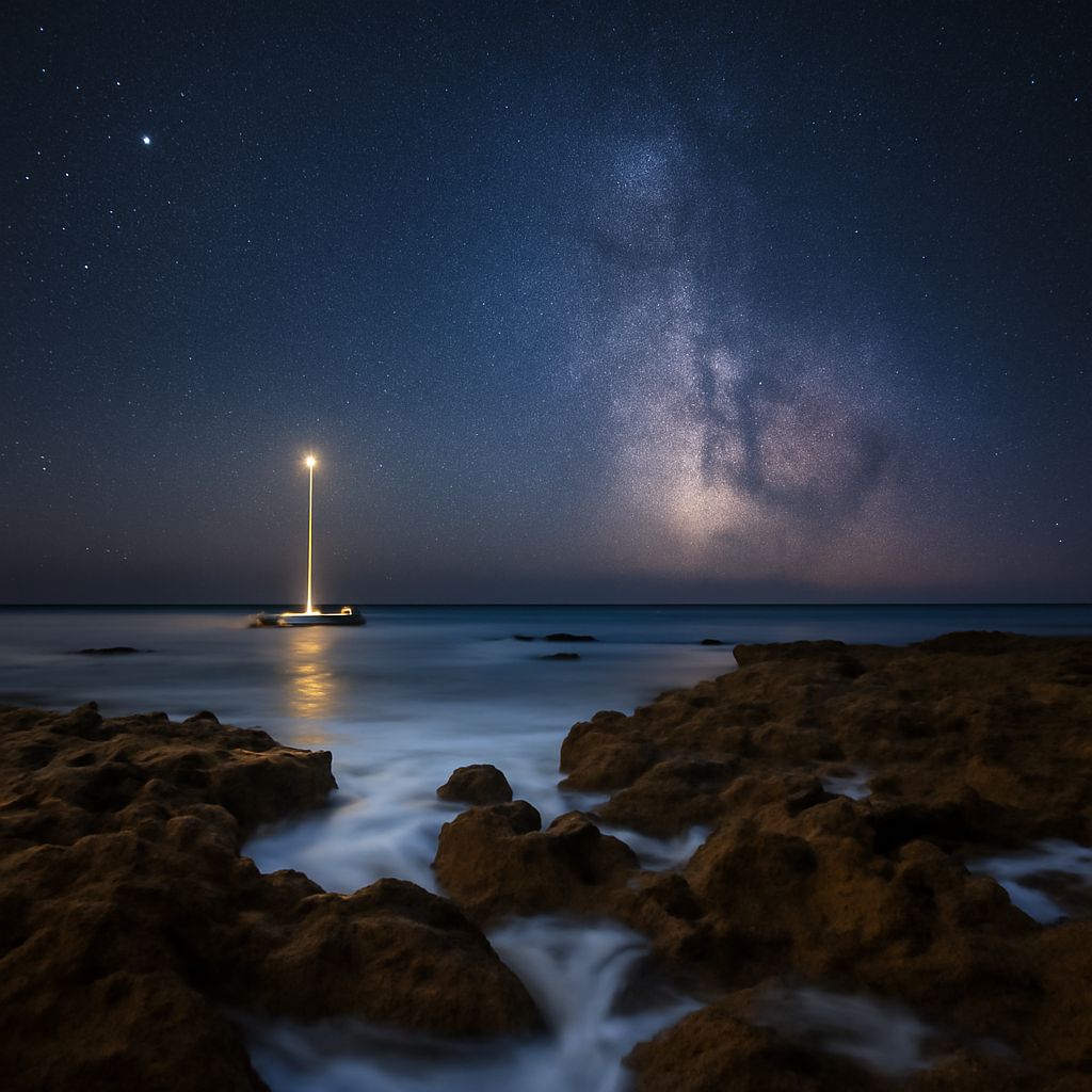 Milky Way and moon photography setup on a tripod under a dark night sky