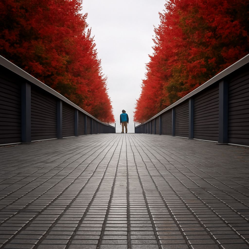 Photograph showing converging road lines, layered shapes, and depth from a low viewpoint