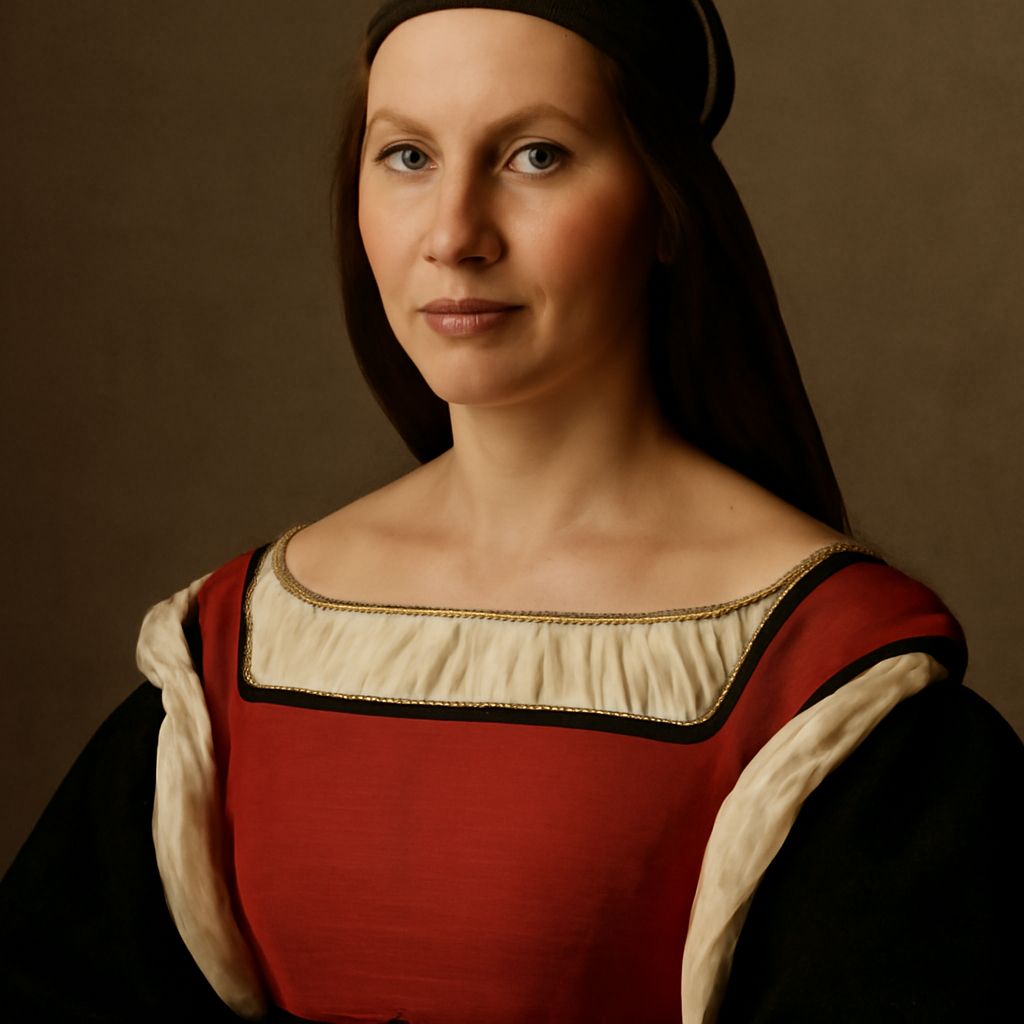 Seated woman in a formal painted portrait with a direct gaze and ornate clothing