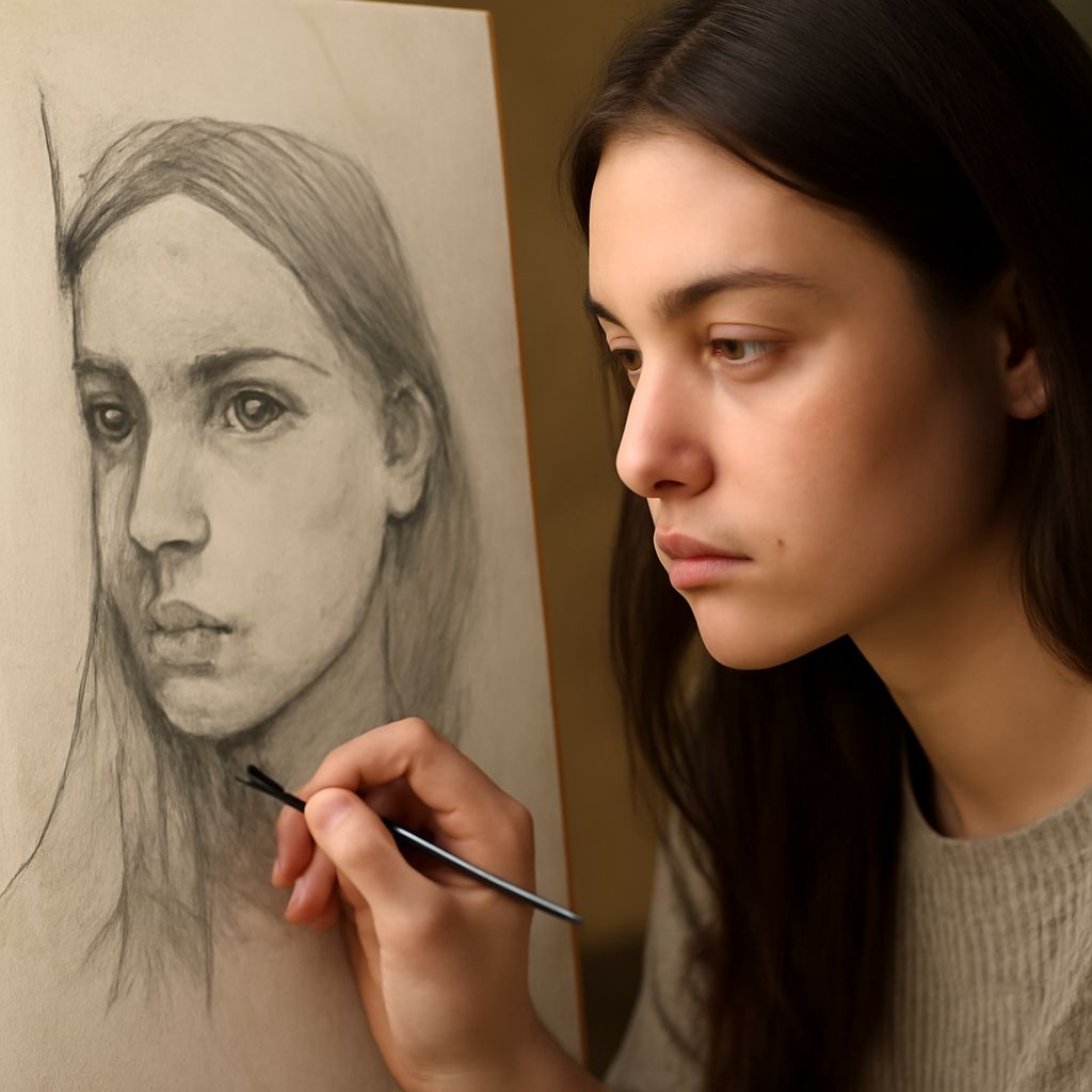Finished self-portrait artwork developed from a simplified reference photo
