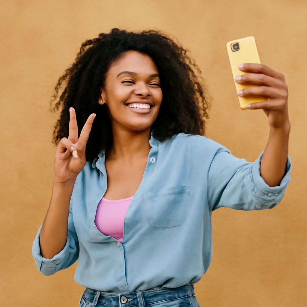 A person taking a professional headshot at home